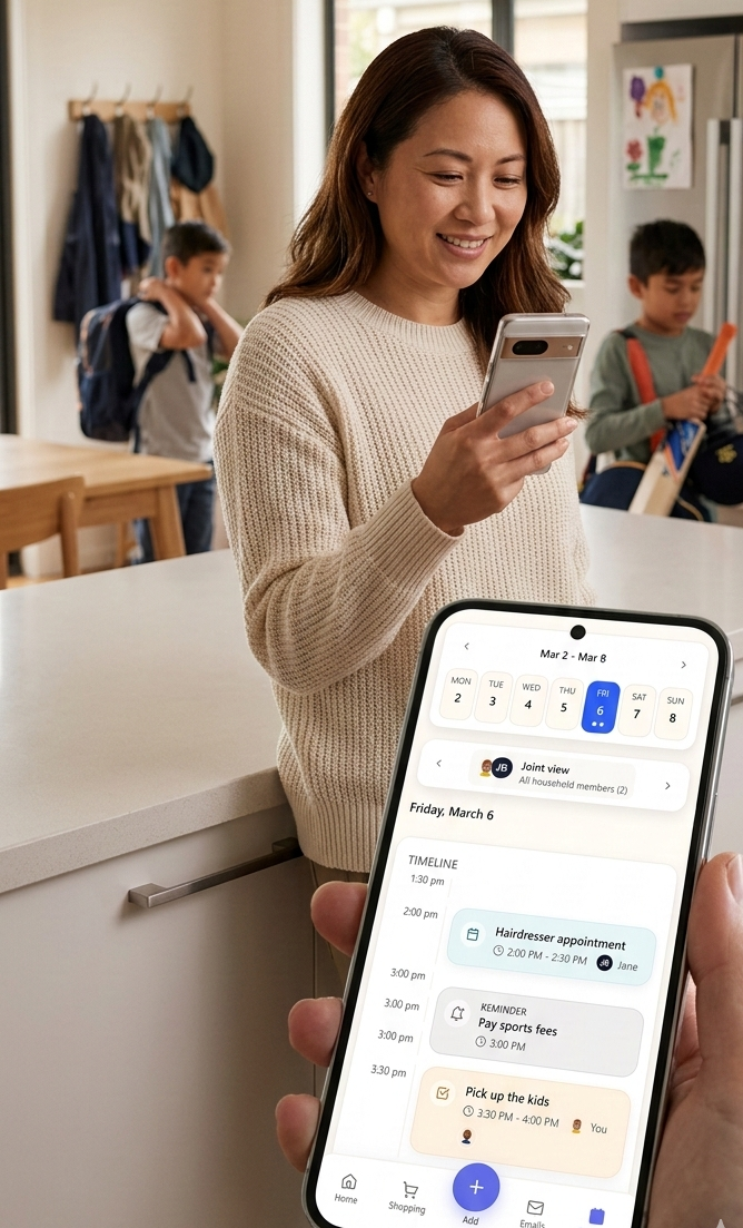 Calm parent checking an organised family plan on her phone