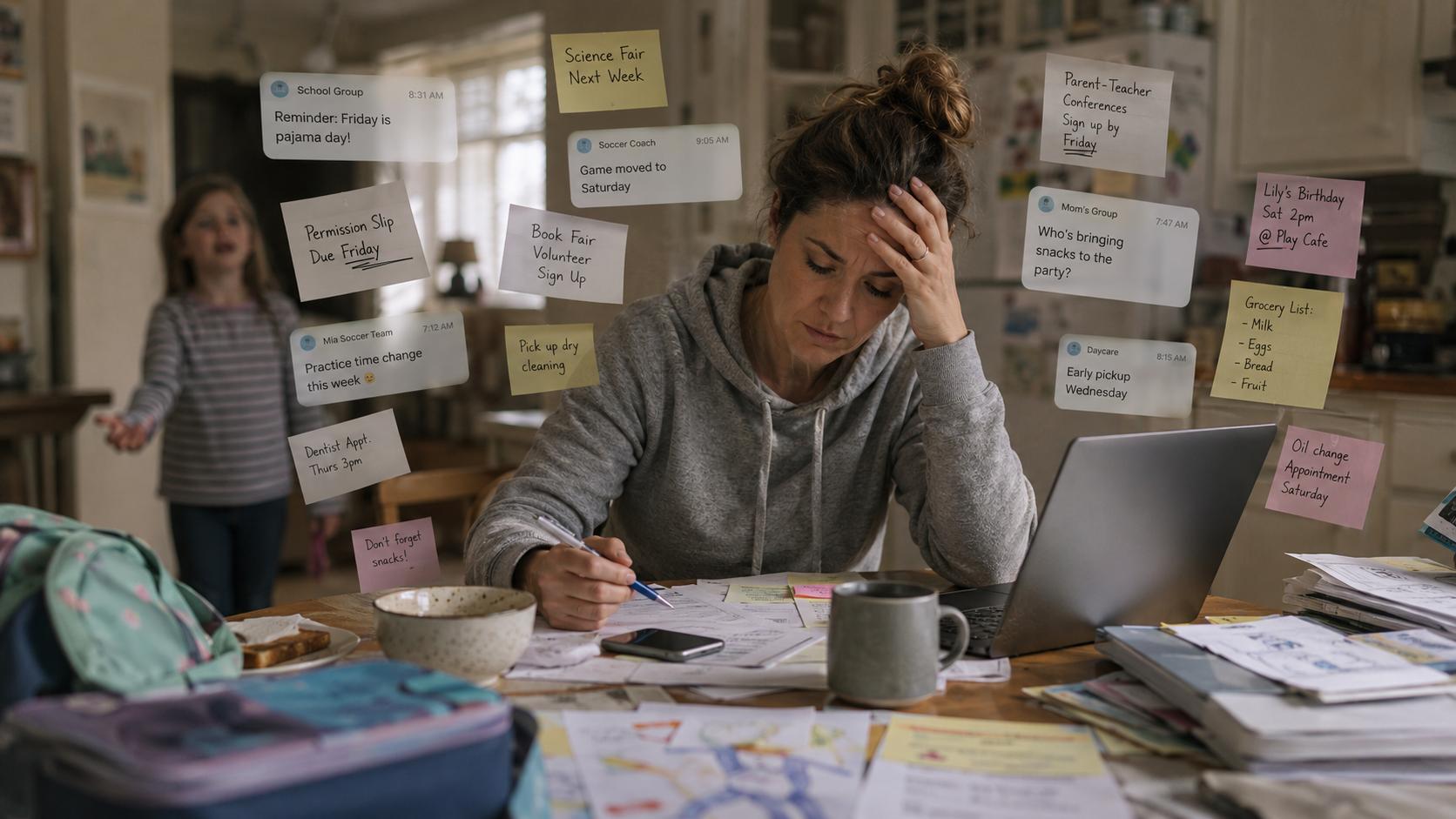 Overwhelmed parent at a kitchen table surrounded by scattered family information and reminders