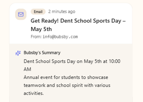 Bubsby summary extracted from a school email